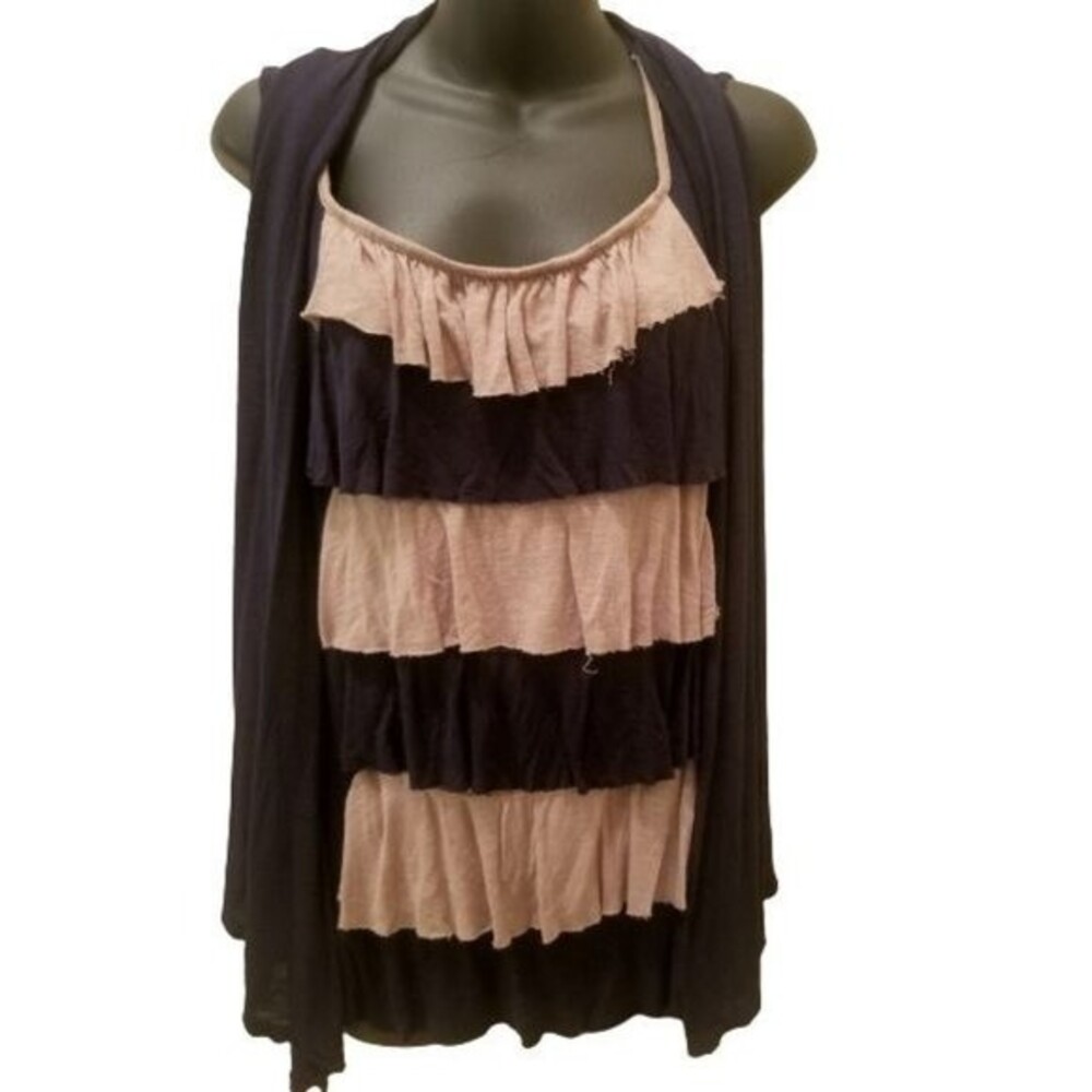Unbranded Blue and Tan Layered Sleeveless Cardigan Effect Top sz M